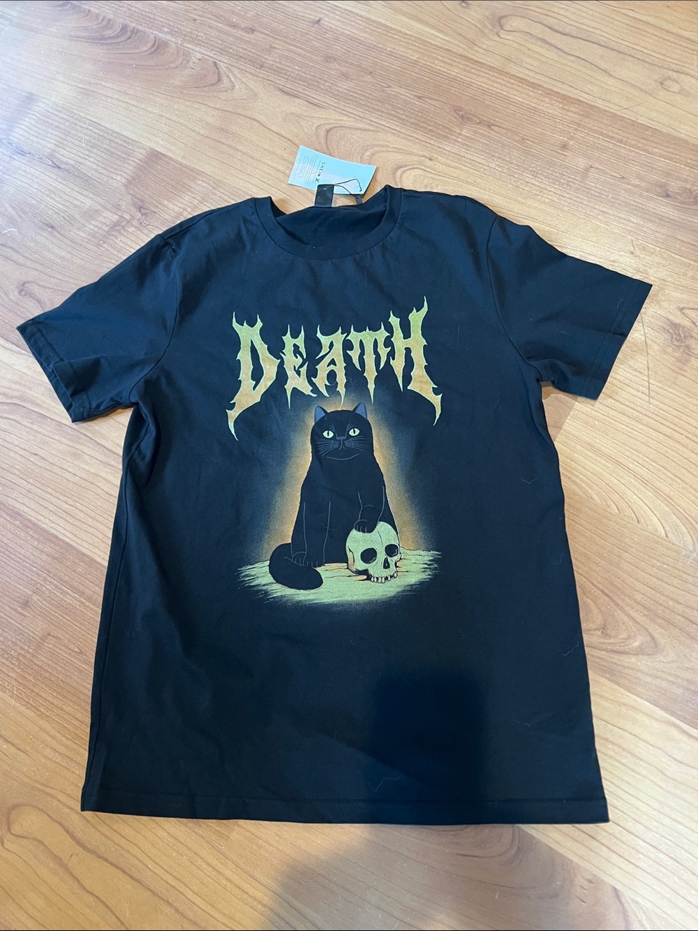 Black Gothic Tee XS with Cat & Skull "DEATH" Print t shirt  nwt